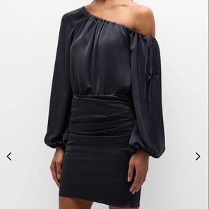 RAMY BROOK Louisa Long Sleeve Black One Shoulder Satin Mini Cocktail Dress Siz 4